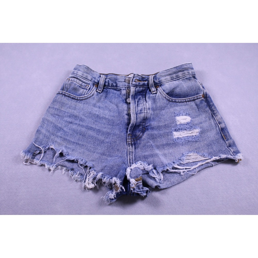 PacSun Vintage High Stretch Distressed Denim Shorts Blue Button Fly Size 25